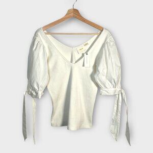 Maeve Anthropologie Top MEDIUM Puff Sleeve Tie Cuff V Neck Knit Cream NEW